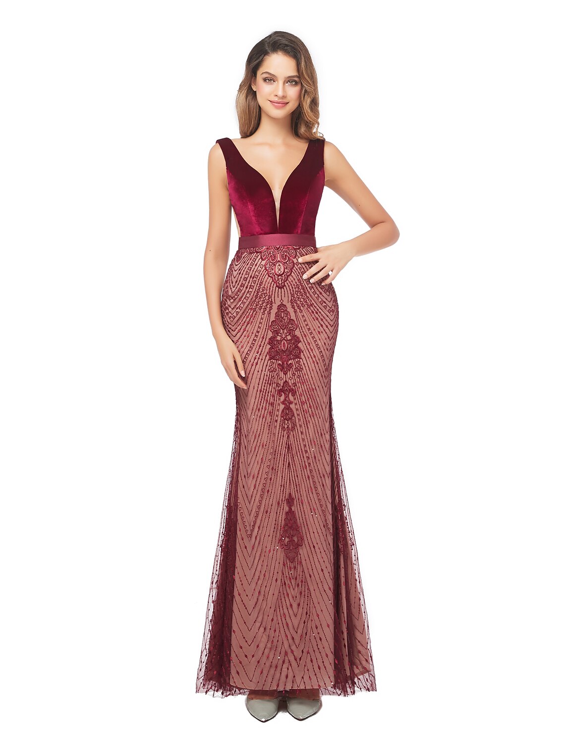 Meerjungfrau/Trompete Abendkleid Luxuriöses Kleid Formeller Abend Sweep/Pinselzug Ärmellos V-Ausschnitt Herbst Hochzeitsgast Samt Rückenfrei mit Perlenbesatz